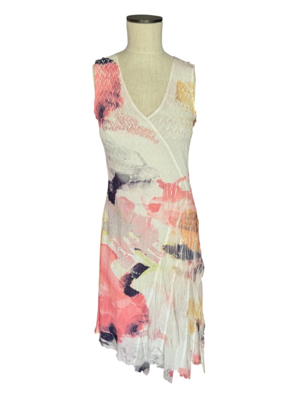 KOMAROV Hand Pleated Asymmetrical Hem Watercolor Floral Crinkle Dress Sz S